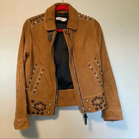 NWOT Coach lamb suede studs tan cognac jacket - Picture 2 of 11